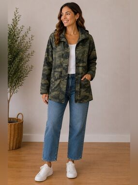 ZARA Camo Hooded Rain Jacket | Size Small | Like New